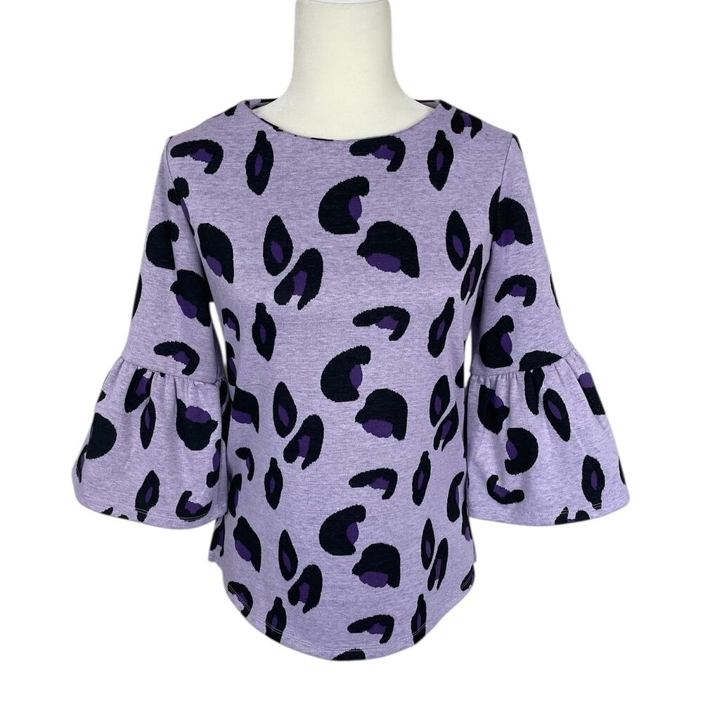 Tyler Boe Leopard Print Knit Top Bell Sleeves Purple Sz XS Preppy Modern Chic - Picture 1 of 10
